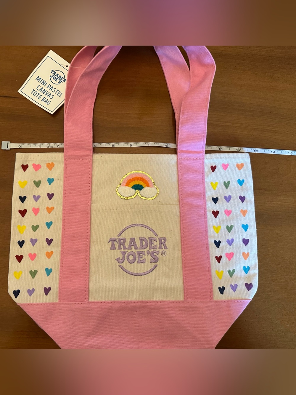 Hand Painted Rainbow Hearts Trader Joe’s Mini Tote Bag - Pink - Picture 3 of 4